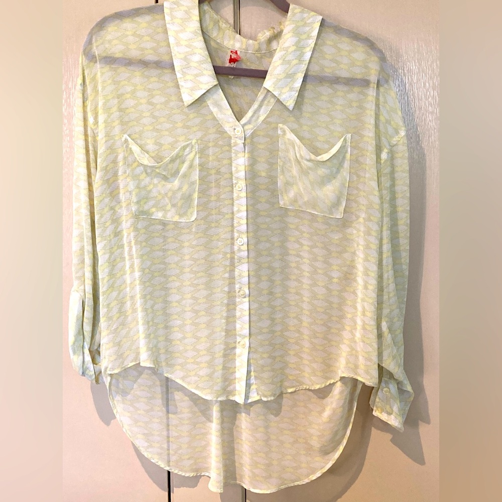 Free People Women Sz S Top Sheer Ivory Yellow Lattice Button Up Shirt Roll Cuff